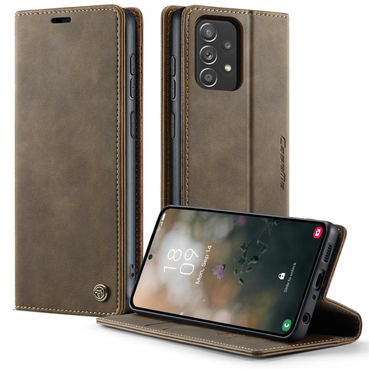 Funda CaseMe 033 para Samsung Galaxy A52/A52S 5G, forro de piel de becerro, microfibra, con bloqueo RFID (café)