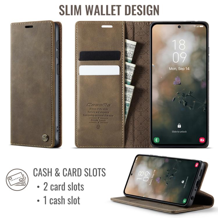 Funda CaseMe 033 para Samsung Galaxy A52/A52S 5G, forro de piel de becerro, microfibra, con bloqueo RFID (café)