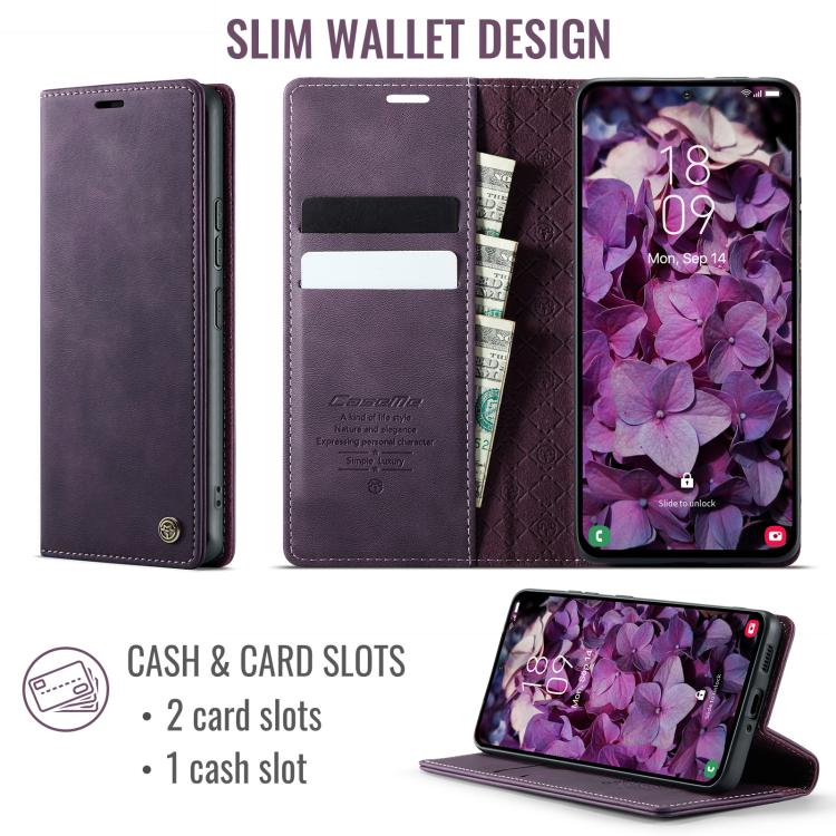 Funda CaseMe 033 para Samsung Galaxy A53, forro de piel de becerro, microfibra, con bloqueo RFID (morado)