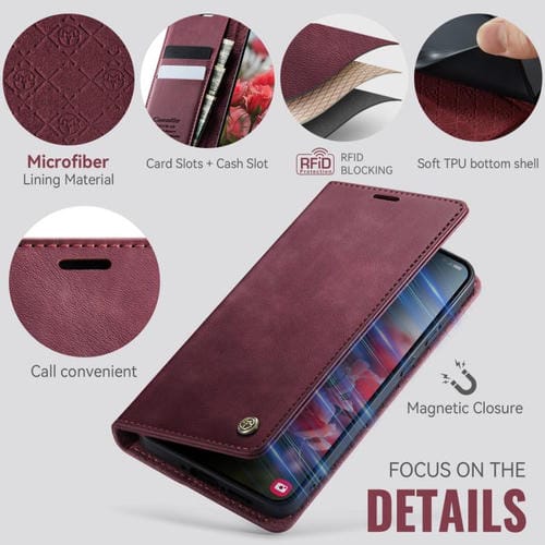 Funda para Samsung Galaxy A54 CaseMe 033 con forro de piel de becerro, microfibra y bloqueo RFID (roja)