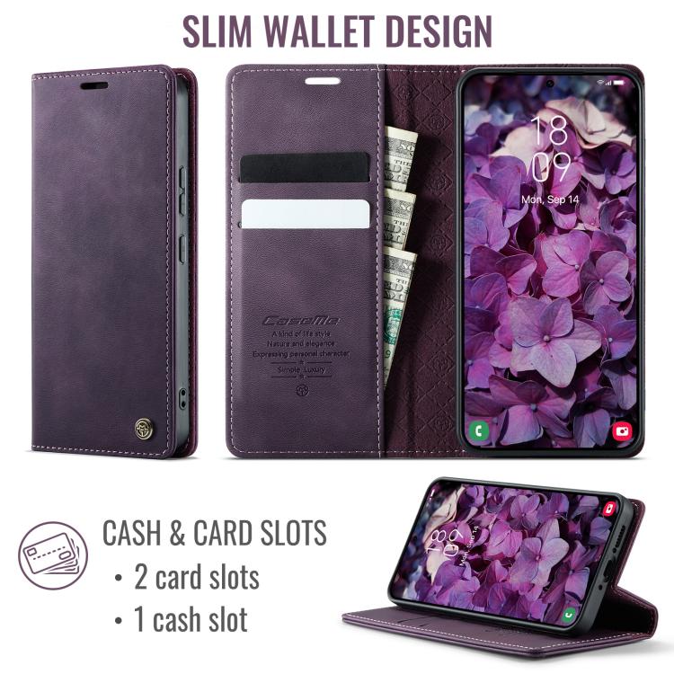 Funda para Samsung Galaxy A54 CaseMe 033 con forro de piel de becerro, microfibra y bloqueo RFID (morado)