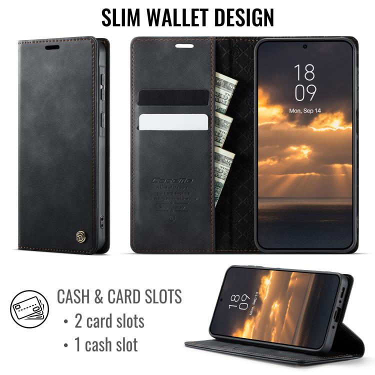 Funda para Samsung Galaxy A55 CaseMe 033 con forro de piel de becerro, microfibra y bloqueo RFID (negra)
