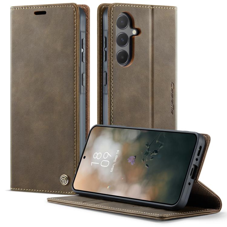 Funda para Samsung Galaxy A55 CaseMe 033 con forro de piel de becerro, microfibra y bloqueo RFID (café)