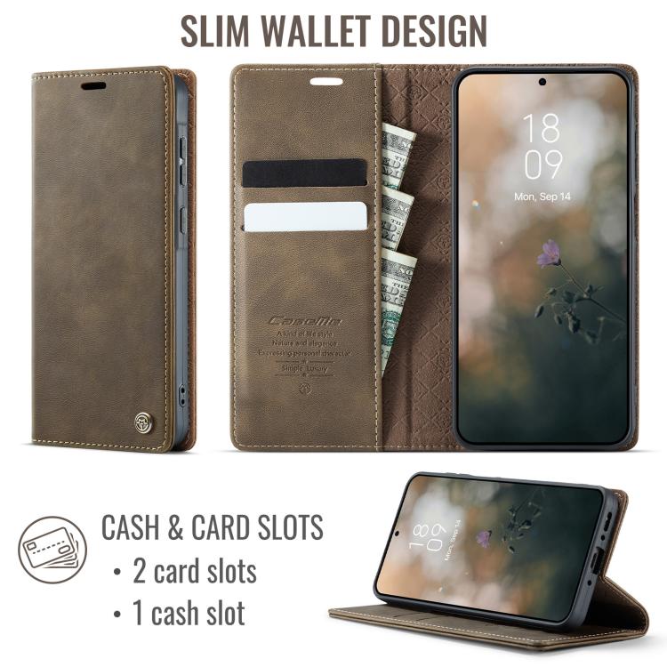 Funda para Samsung Galaxy A55 CaseMe 033 con forro de piel de becerro, microfibra y bloqueo RFID (café)