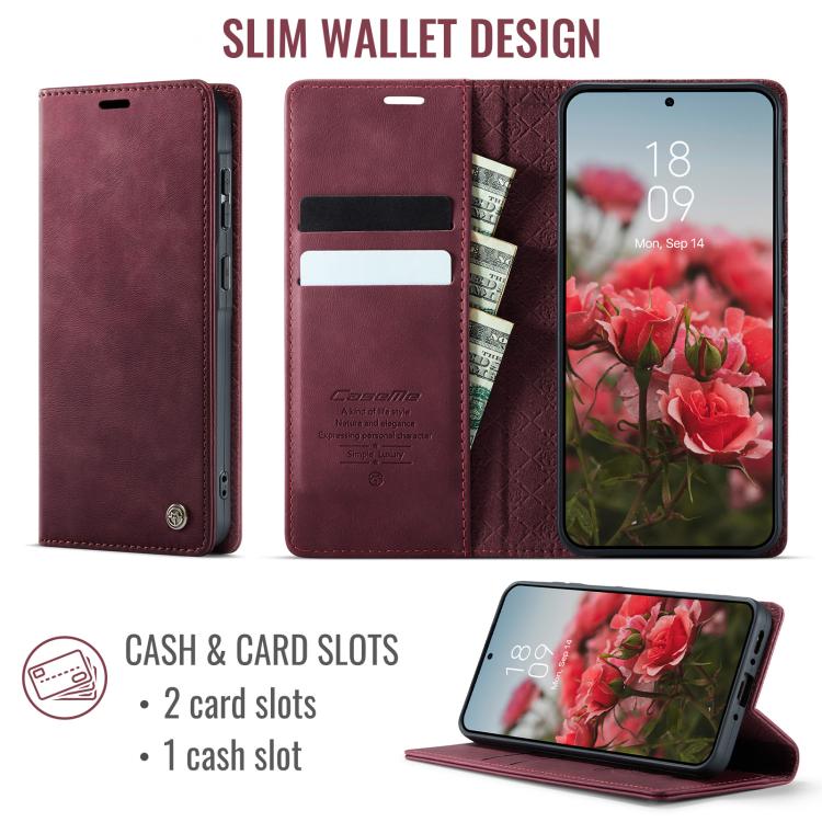 Funda para Samsung Galaxy A55 CaseMe 033 con forro de piel de becerro, microfibra y bloqueo RFID (roja)