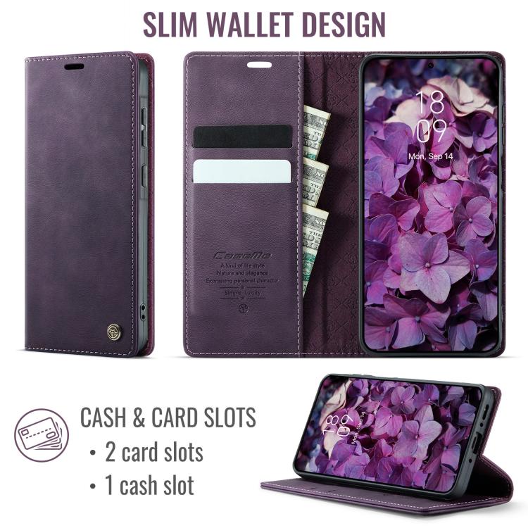 Funda para Samsung Galaxy A55 CaseMe 033 con forro de piel de becerro, microfibra y bloqueo RFID (morado)