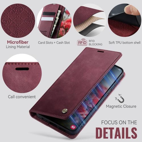Funda para Samsung Galaxy A14 CaseMe 033 con forro de piel de becerro, microfibra y bloqueo RFID (roja)