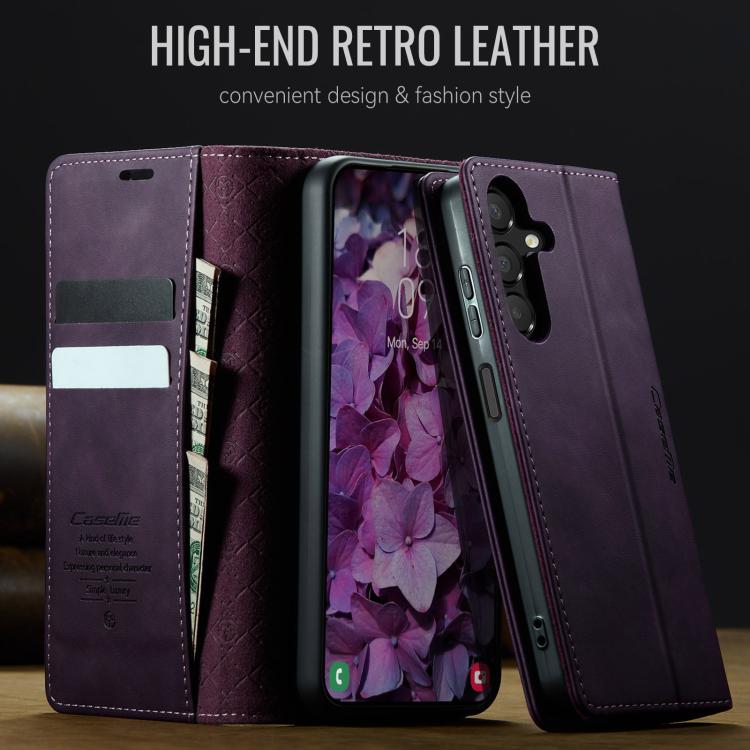 Funda CaseMe 033 para Samsung Galaxy A14, forro de piel de becerro, microfibra, con bloqueo RFID (morado)
