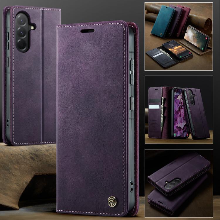 Funda CaseMe 033 para Samsung Galaxy A14, forro de piel de becerro, microfibra, con bloqueo RFID (morado)