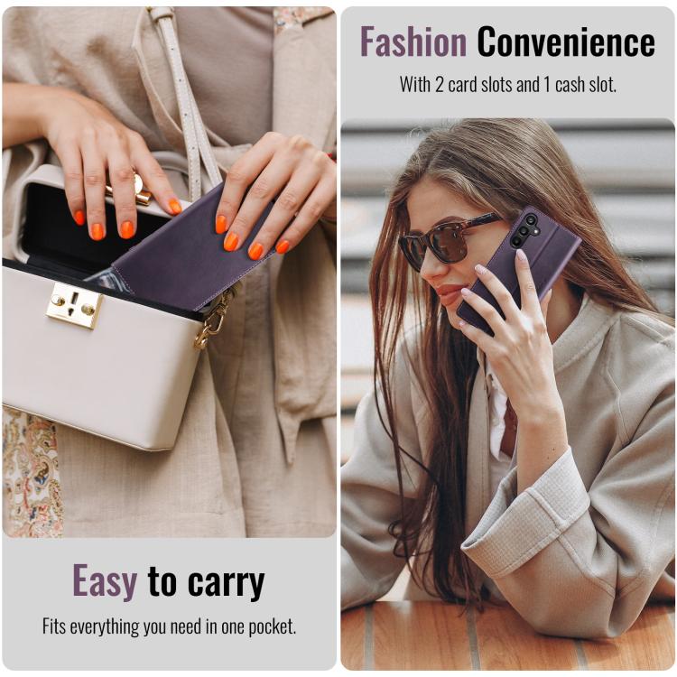 Funda CaseMe 033 para Samsung Galaxy A14, forro de piel de becerro, microfibra, con bloqueo RFID (morado)