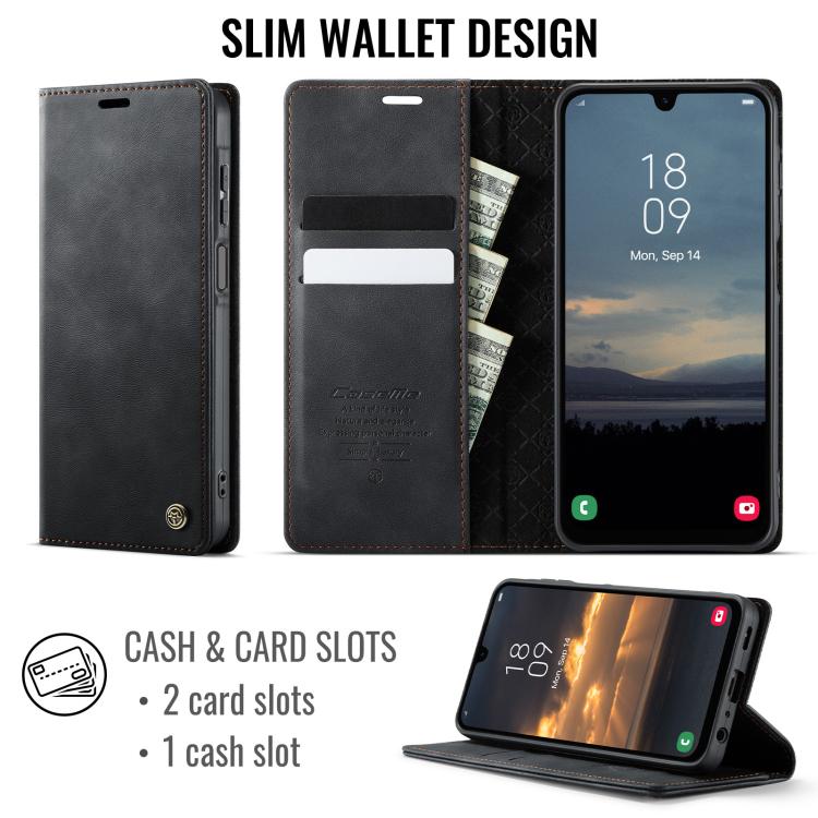 Funda para Samsung Galaxy A25 CaseMe 033 con forro de piel de becerro, microfibra y bloqueo RFID (negra)