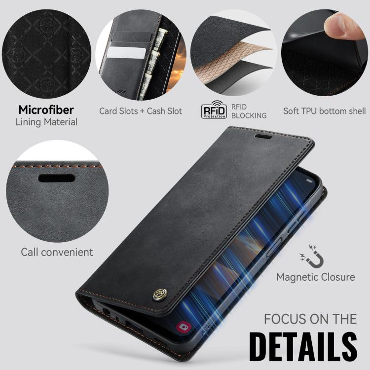 Funda para Samsung Galaxy A25 CaseMe 033 con forro de piel de becerro, microfibra y bloqueo RFID (negra)