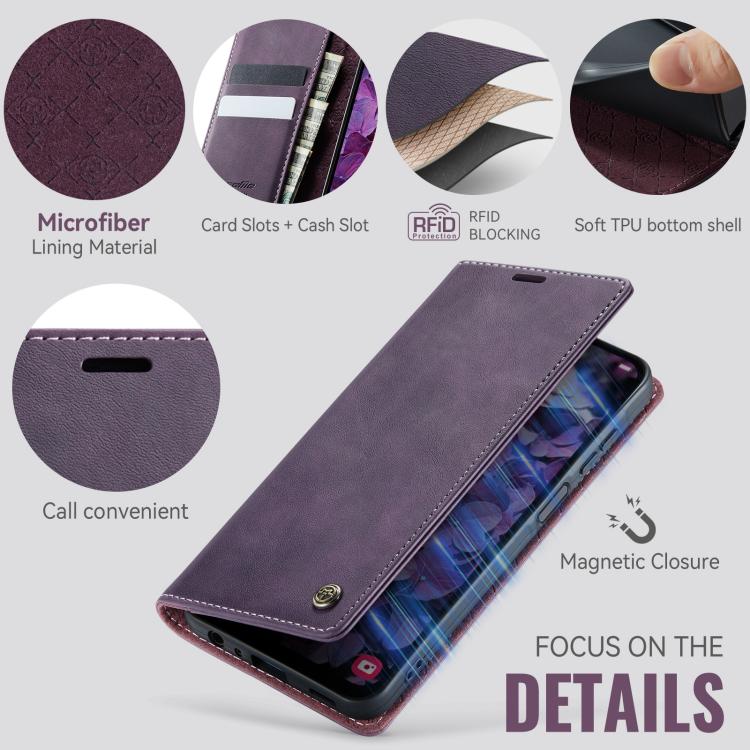 Funda CaseMe 033 para Samsung Galaxy A25, forro de piel de becerro, microfibra, con bloqueo RFID (morado)