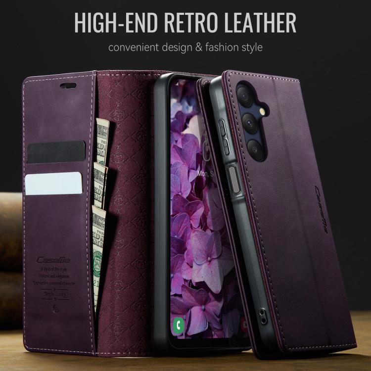 Funda CaseMe 033 para Samsung Galaxy A25, forro de piel de becerro, microfibra, con bloqueo RFID (morado)