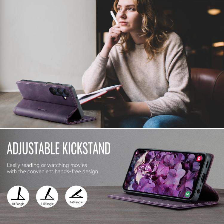 Funda CaseMe 033 para Samsung Galaxy A25, forro de piel de becerro, microfibra, con bloqueo RFID (morado)