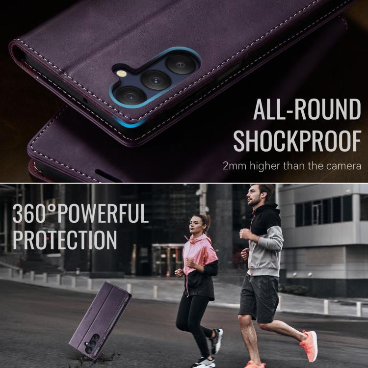 Funda CaseMe 033 para Samsung Galaxy A25, forro de piel de becerro, microfibra, con bloqueo RFID (morado)