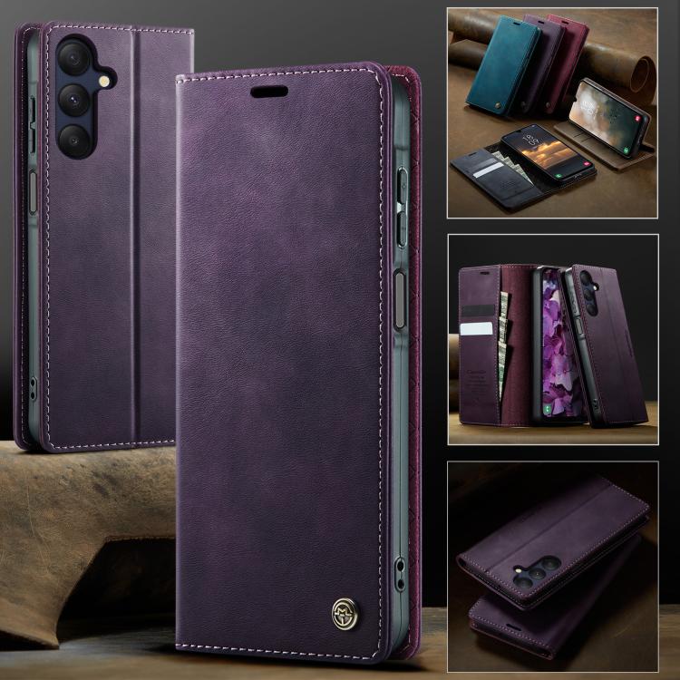 Funda CaseMe 033 para Samsung Galaxy A25, forro de piel de becerro, microfibra, con bloqueo RFID (morado)
