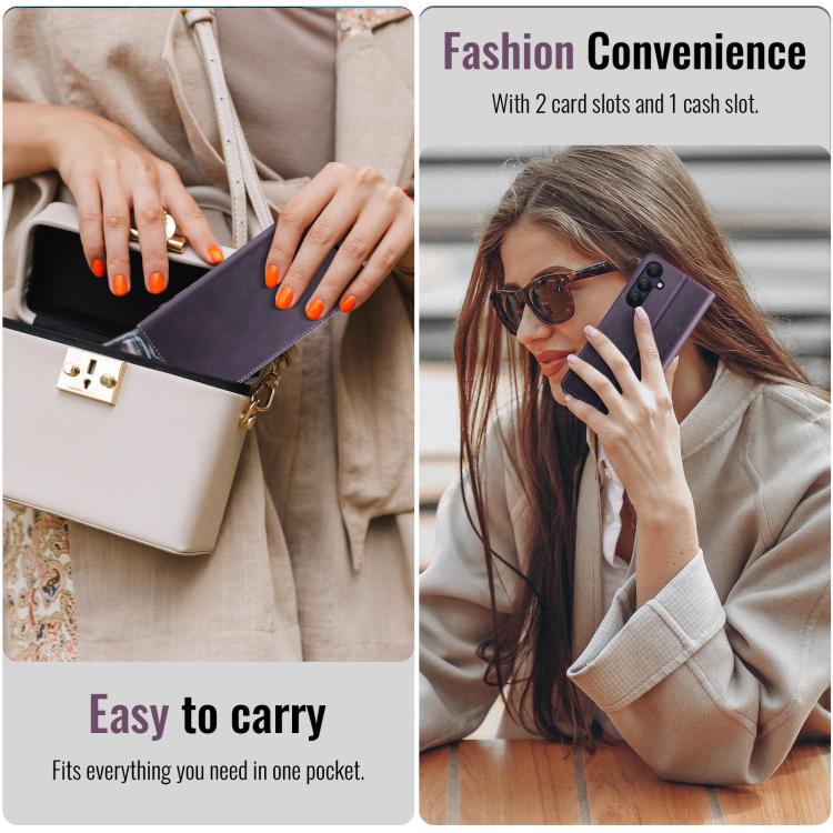 Funda CaseMe 033 para Samsung Galaxy A25, forro de piel de becerro, microfibra, con bloqueo RFID (morado)