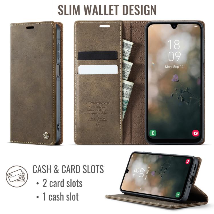 Funda CaseMe 033 para Samsung Galaxy A26, forro de piel de becerro, microfibra y bloqueo RFID (café)