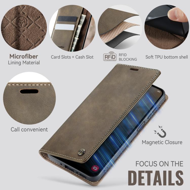 Funda CaseMe 033 para Samsung Galaxy A26, forro de piel de becerro, microfibra y bloqueo RFID (café)