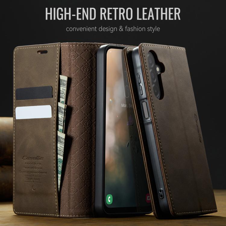 Funda CaseMe 033 para Samsung Galaxy A26, forro de piel de becerro, microfibra y bloqueo RFID (café)