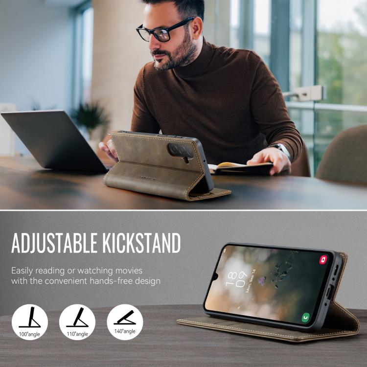 Funda CaseMe 033 para Samsung Galaxy A26, forro de piel de becerro, microfibra y bloqueo RFID (café)