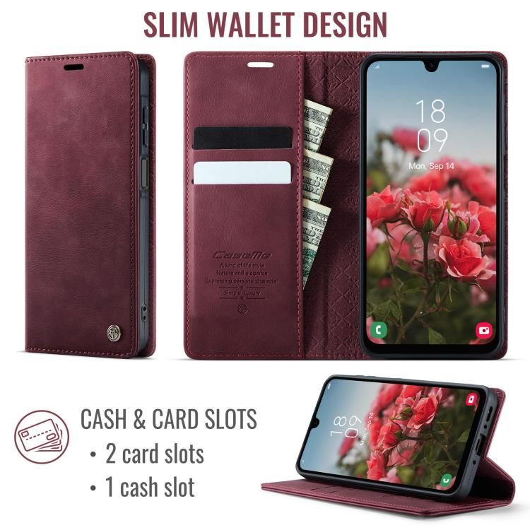 Funda para Samsung Galaxy A26 CaseMe 033 con forro de piel de becerro, microfibra y bloqueo RFID (roja)