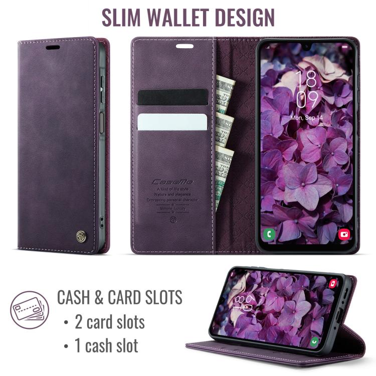 Funda CaseMe 033 para Samsung Galaxy A26, forro de piel de becerro, microfibra, con bloqueo RFID (morado)