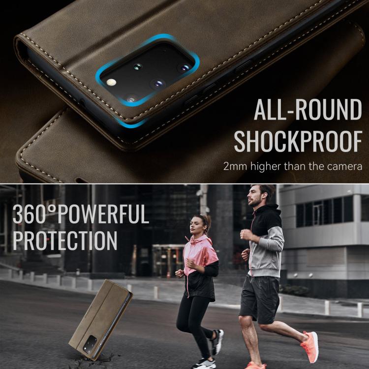 Funda CaseMe 033 para Samsung Galaxy S20+, forro de piel de becerro, microfibra y bloqueo RFID (café)