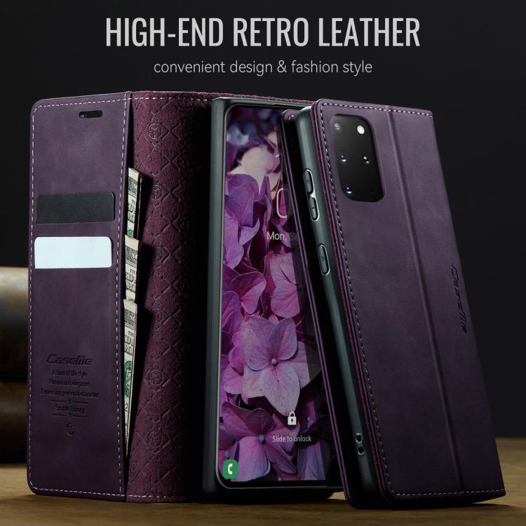 Funda CaseMe 033 para Samsung Galaxy S20+, forro de piel de becerro, microfibra, con bloqueo RFID (morado)