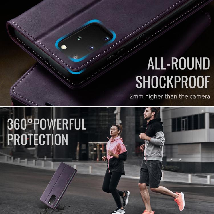 Funda CaseMe 033 para Samsung Galaxy S20+, forro de piel de becerro, microfibra, con bloqueo RFID (morado)