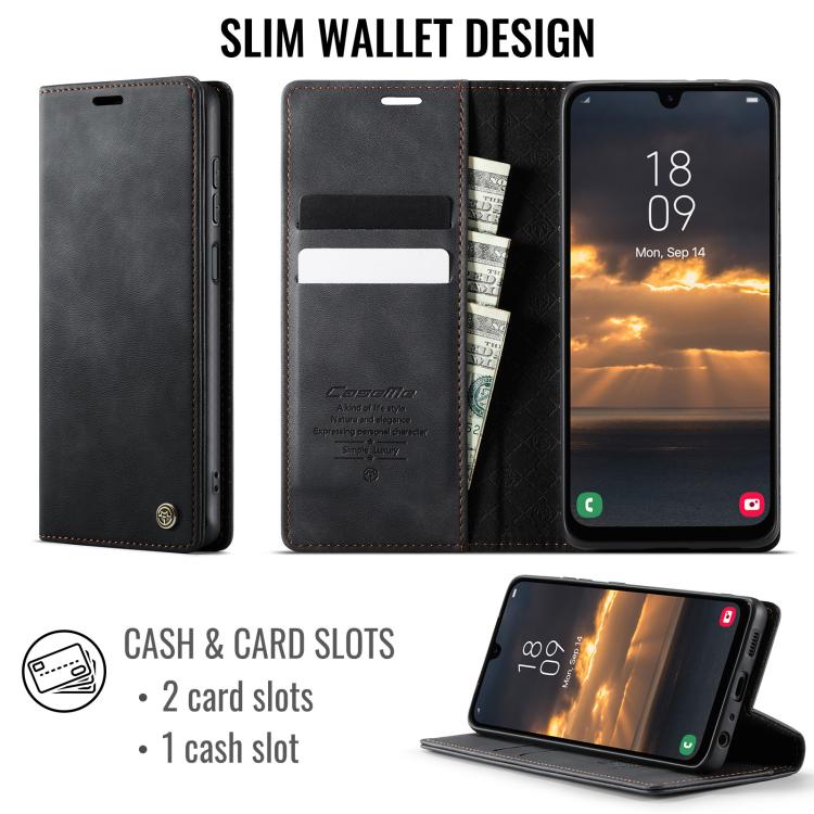 Funda CaseMe 033 para Samsung Galaxy A13/A04s, forro de piel de becerro, microfibra y bloqueo RFID (negra)
