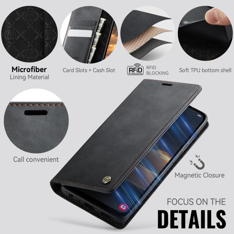 Funda CaseMe 033 para Samsung Galaxy A13/A04s, forro de piel de becerro, microfibra y bloqueo RFID (negra)