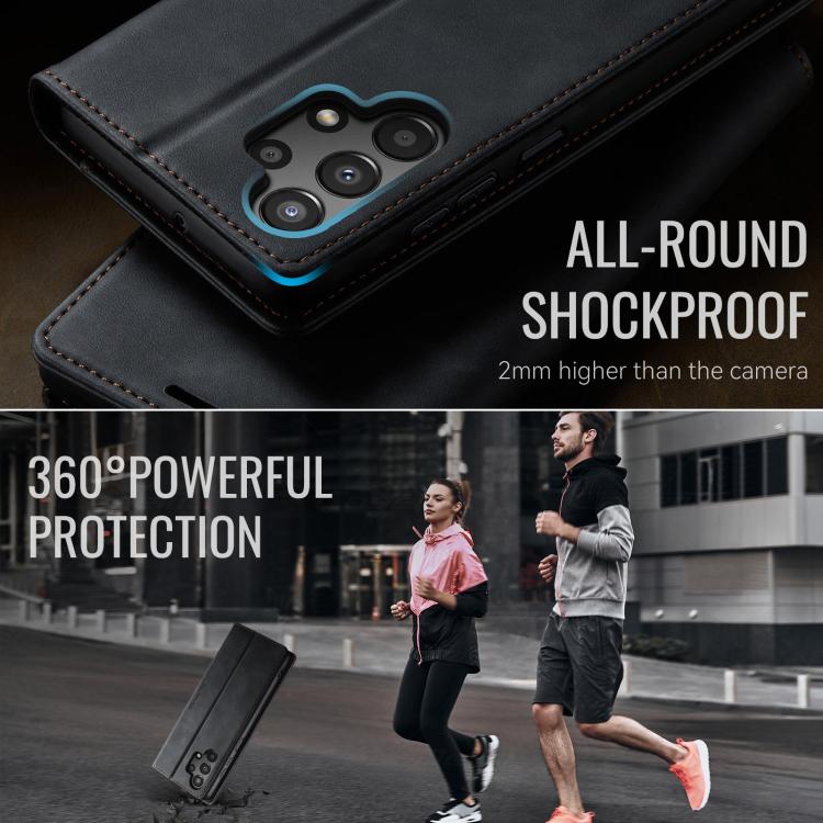 Funda CaseMe 033 para Samsung Galaxy A13/A04s, forro de piel de becerro, microfibra y bloqueo RFID (negra)