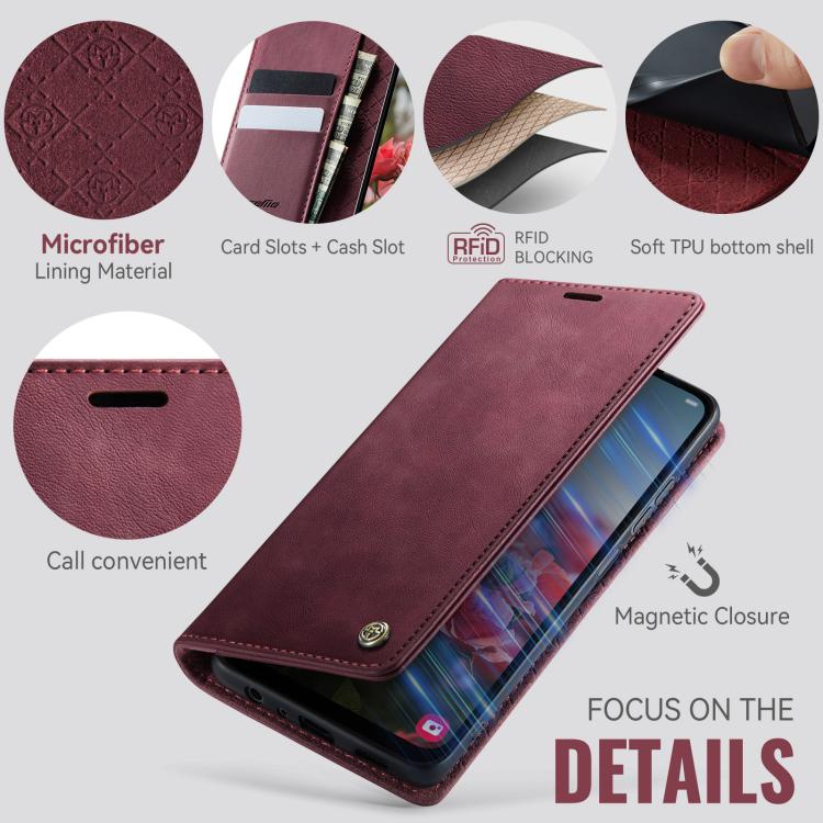 Funda CaseMe 033 para Samsung Galaxy A13/A04s, forro de piel de becerro, microfibra y bloqueo RFID (roja)