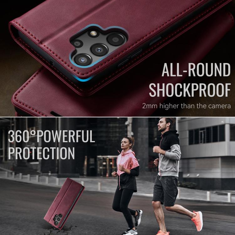 Funda CaseMe 033 para Samsung Galaxy A13/A04s, forro de piel de becerro, microfibra y bloqueo RFID (roja)