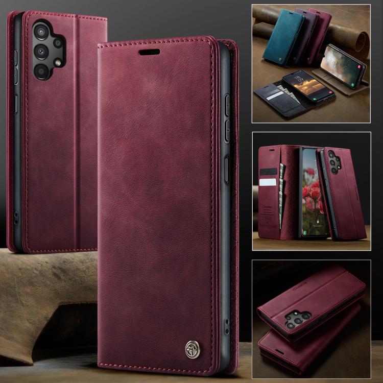 Funda CaseMe 033 para Samsung Galaxy A13/A04s, forro de piel de becerro, microfibra y bloqueo RFID (roja)