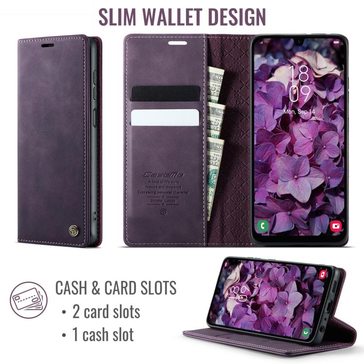 Funda CaseMe 033 para Samsung Galaxy A13/A04s, forro de piel de becerro, microfibra y bloqueo RFID (morado)