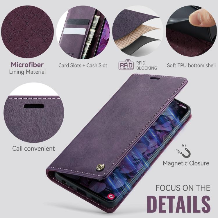 Funda CaseMe 033 para Samsung Galaxy A13/A04s, forro de piel de becerro, microfibra y bloqueo RFID (morado)