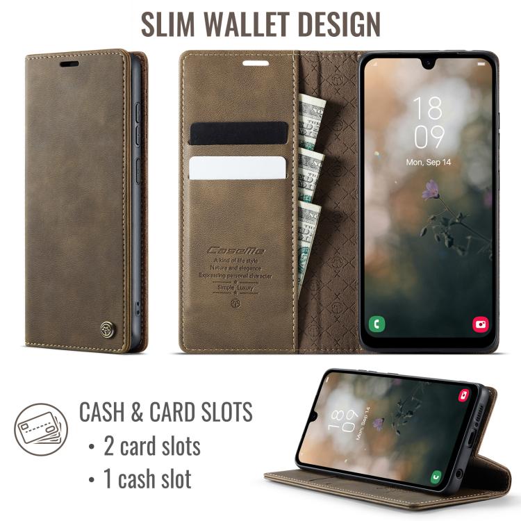 Funda CaseMe 033 para Samsung Galaxy A50s/A30s, forro de piel de becerro, microfibra y bloqueo RFID (café)