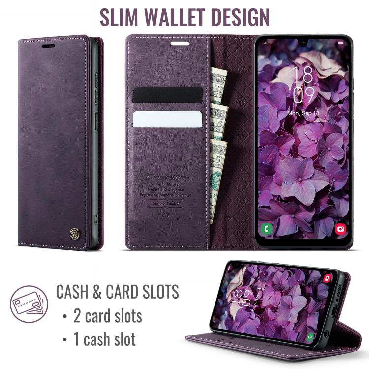 Funda CaseMe 033 para Samsung Galaxy A50s/A30s, forro de piel de becerro, microfibra y bloqueo RFID (morado)