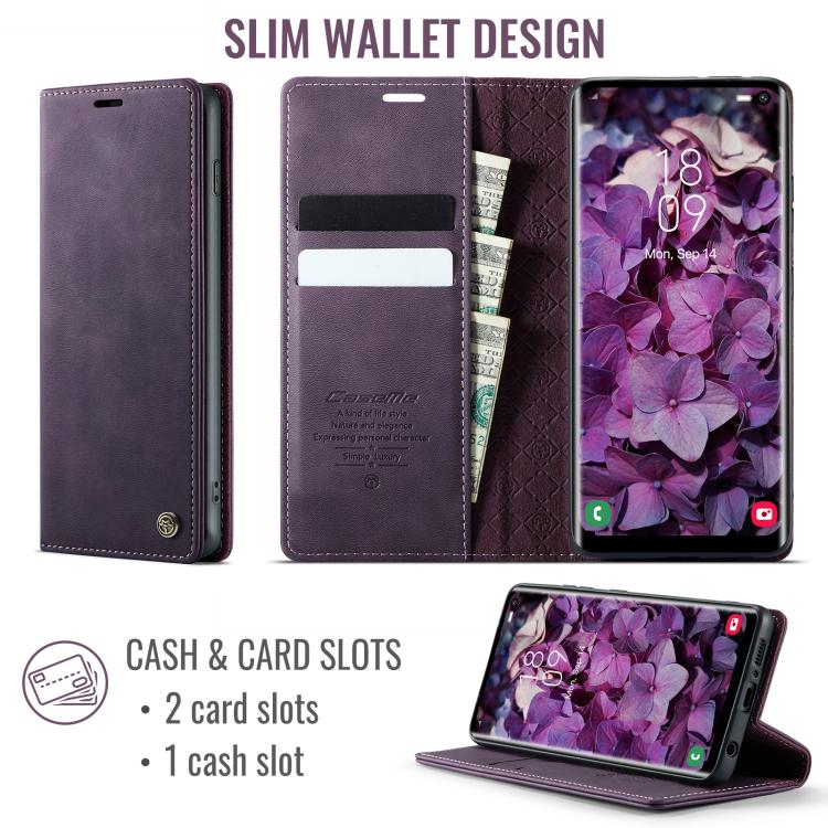 Funda para Samsung Galaxy S10 CaseMe 033 con forro de piel de becerro, microfibra y bloqueo RFID (morado)