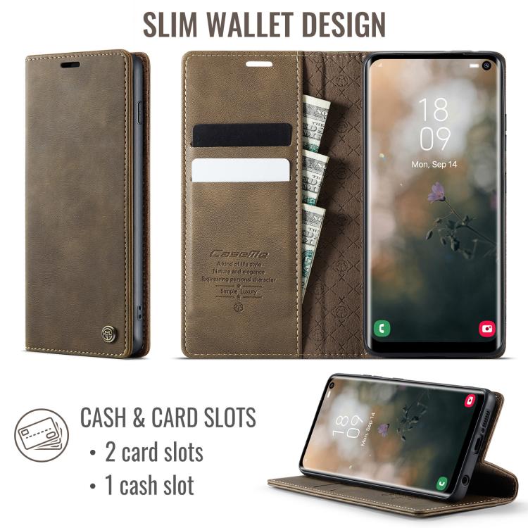 Funda CaseMe 033 para Samsung Galaxy S10+, forro de piel de becerro, microfibra y bloqueo RFID (café)