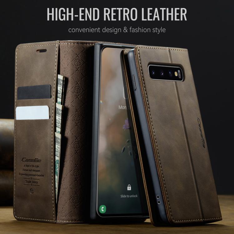 Funda CaseMe 033 para Samsung Galaxy S10+, forro de piel de becerro, microfibra y bloqueo RFID (café)