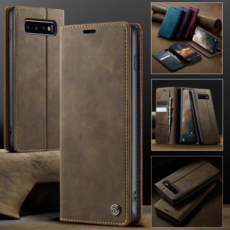 Funda CaseMe 033 para Samsung Galaxy S10+, forro de piel de becerro, microfibra y bloqueo RFID (café)