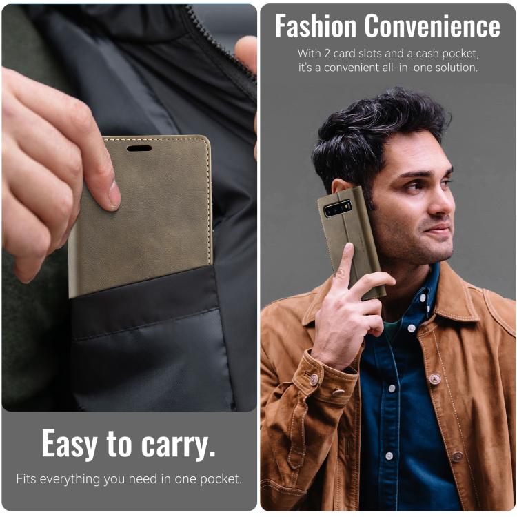 Funda CaseMe 033 para Samsung Galaxy S10+, forro de piel de becerro, microfibra y bloqueo RFID (café)