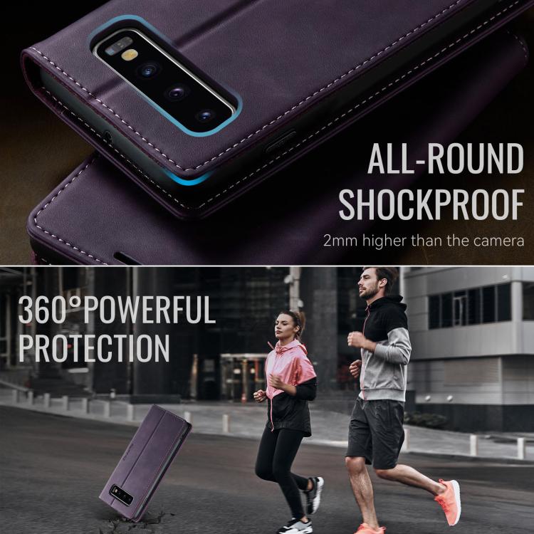 Funda CaseMe 033 para Samsung Galaxy S10+, forro de piel de becerro, microfibra, con bloqueo RFID (morado)