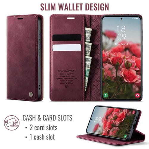 Funda CaseMe 033 para Samsung Galaxy S22 5G, forro de piel de becerro, microfibra, con bloqueo RFID (roja)