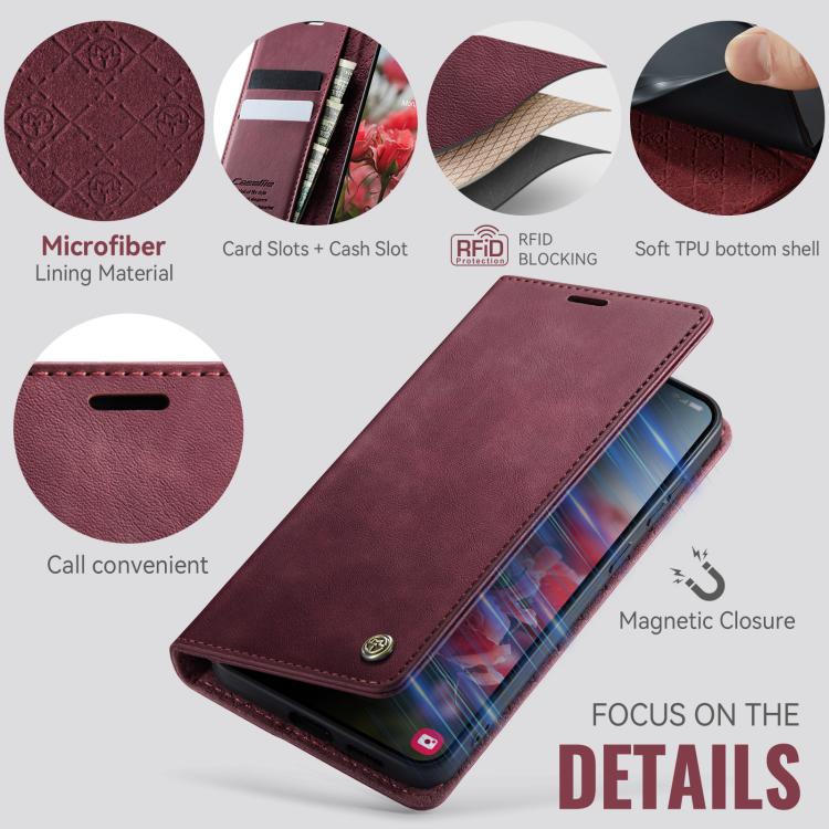 Funda CaseMe 033 para Samsung Galaxy S22 5G, forro de piel de becerro, microfibra, con bloqueo RFID (roja)