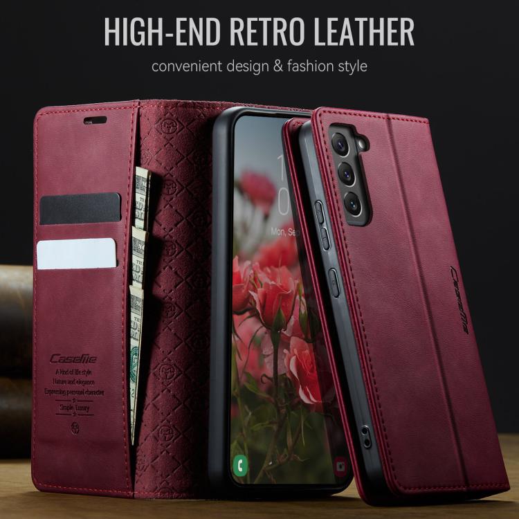 Funda CaseMe 033 para Samsung Galaxy S22 5G, forro de piel de becerro, microfibra, con bloqueo RFID (roja)
